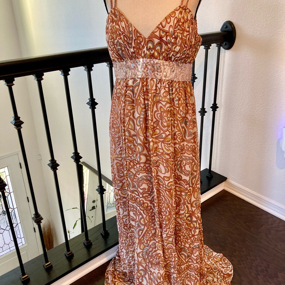 Bohemian Maxi Dress with Sequin Waistband - Rust Paisley